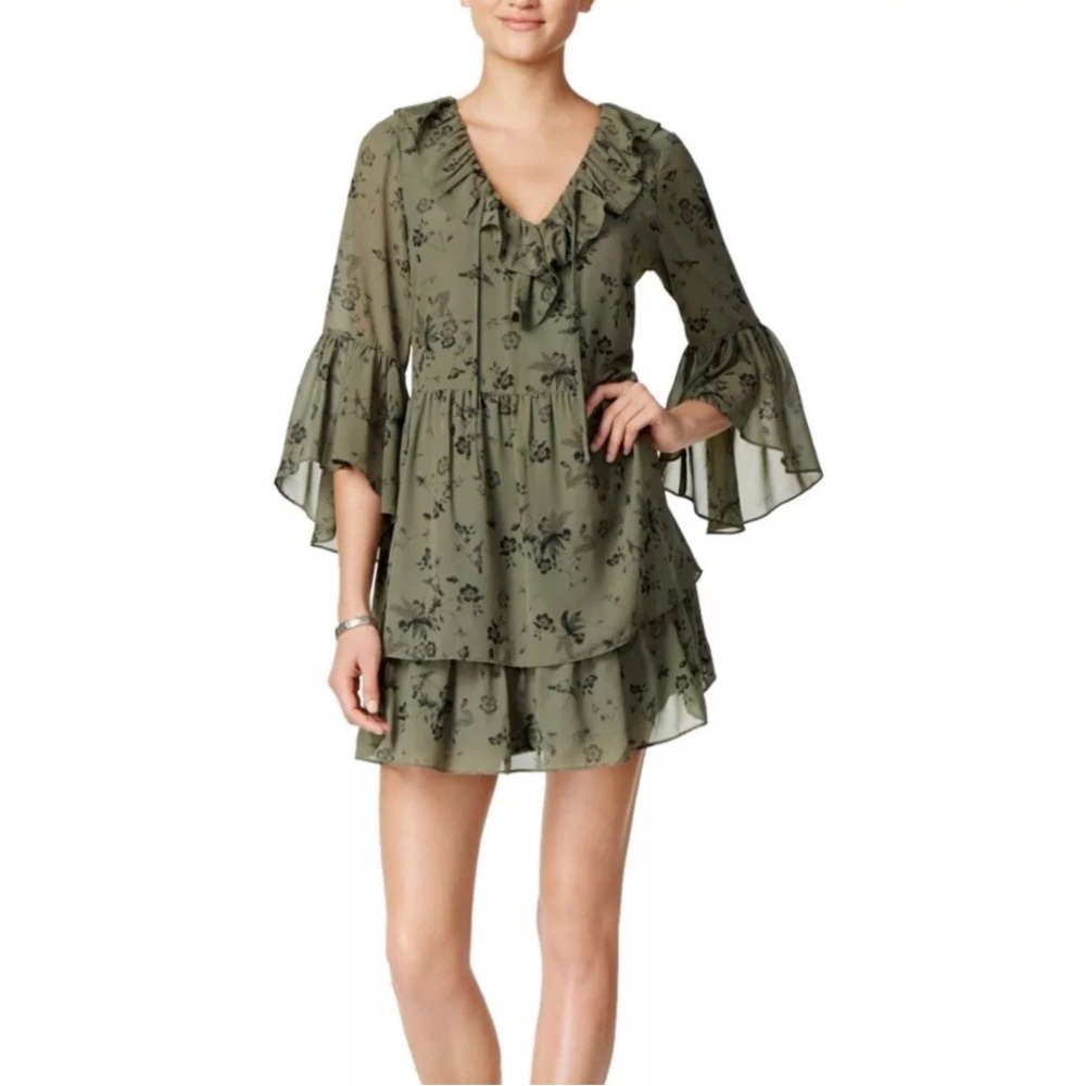KENSIE Women's small Green Floral Print Chiffon Ruffle Dress Peasant cottagecore